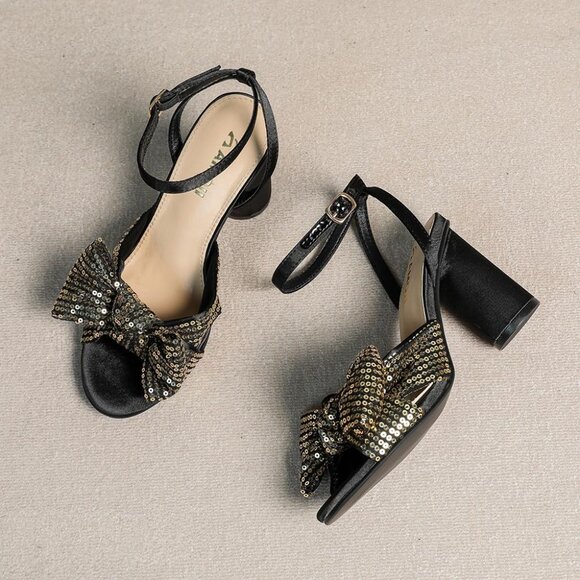 🆕 Women Black Sequin Bowknot Block Heeled Sandal Open Toe Chunky Ankle Strap - Picture 5 of 8